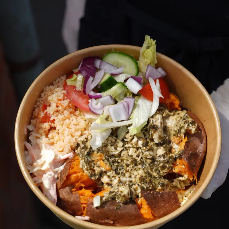 Jaggerz Sweet Potato Box with homemade couscous, pesto chicken and salad, Narberth