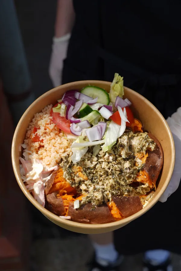 Sweet potato box with homemade couscous and pesto chicken, Jaggerz Takeaway Narberth