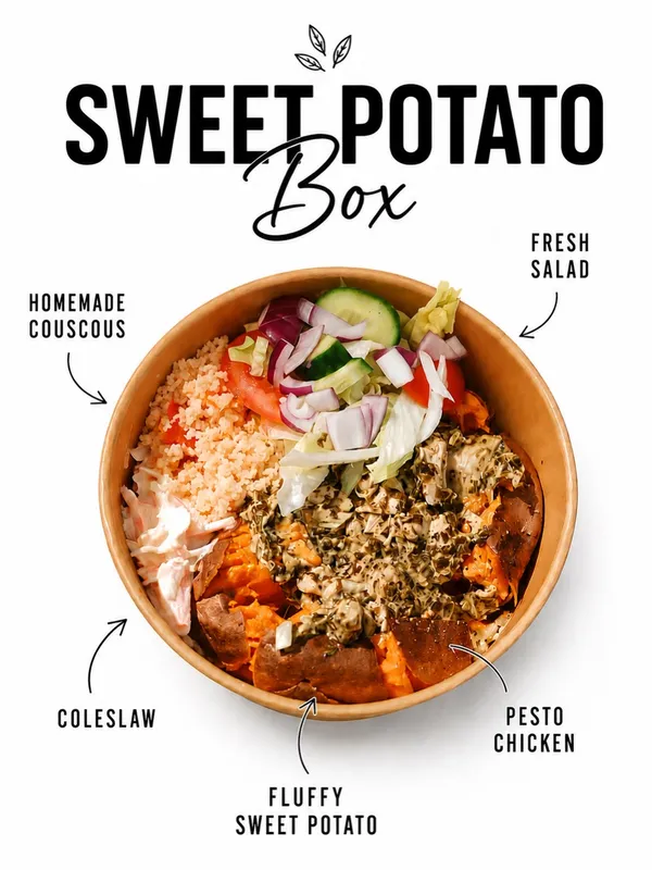 Sweet Potato Box breakdown with couscous and salad, Jaggerz Takeaway Narberth